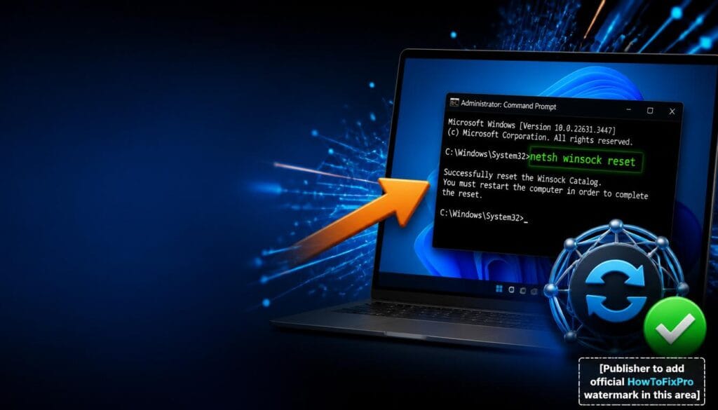 How to reset network stack Windows 11 guide showing Command Prompt with netsh winsock reset command.
