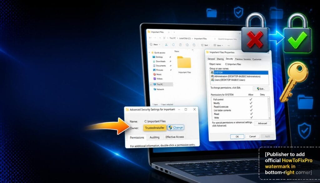 How to take ownership of folder Windows 11 guide showing Advanced Security Settings with Owner field and troubleshooting graphics.