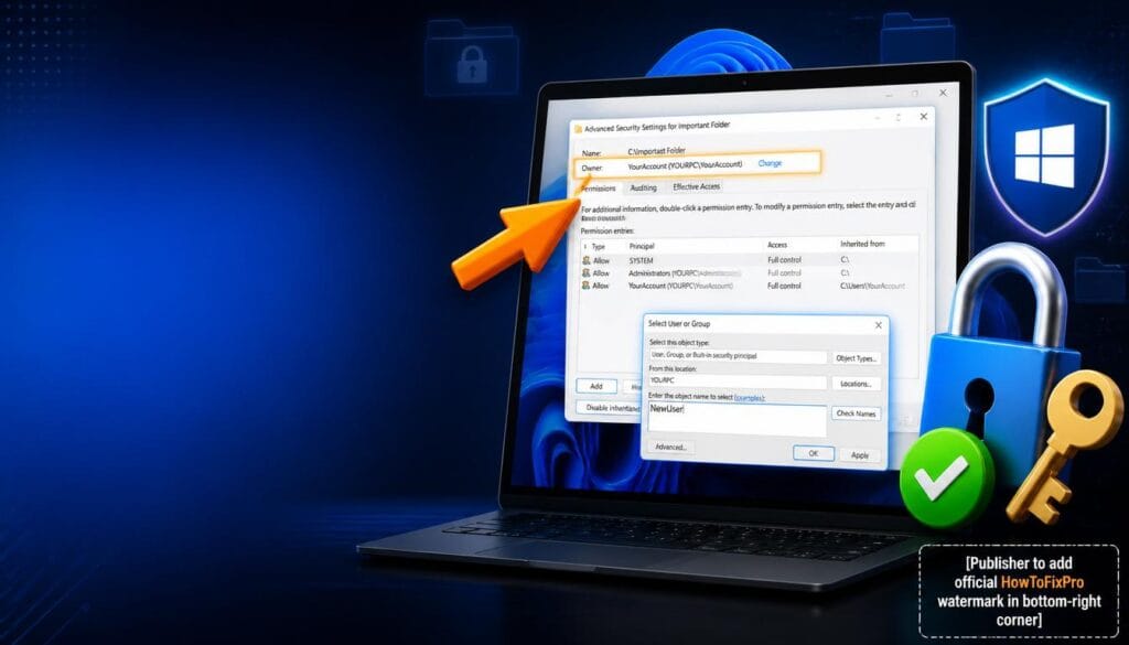 How to take ownership Windows 11 guide showing Advanced Security Settings with Owner field and troubleshooting graphics.