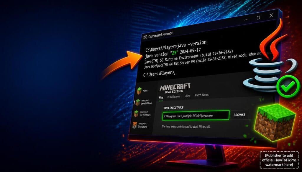 How to update Java for Minecraft guide showing Command Prompt with Java version and launcher settings.