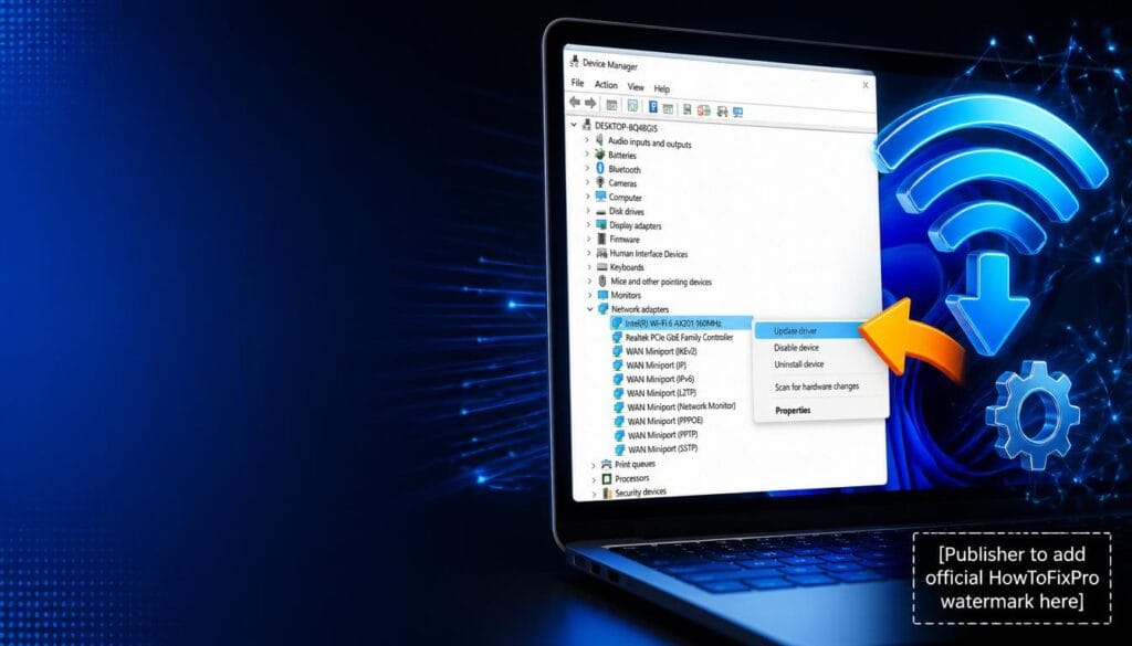 How to update wireless driver Windows 11 guide showing Device Manager with Update Driver option.