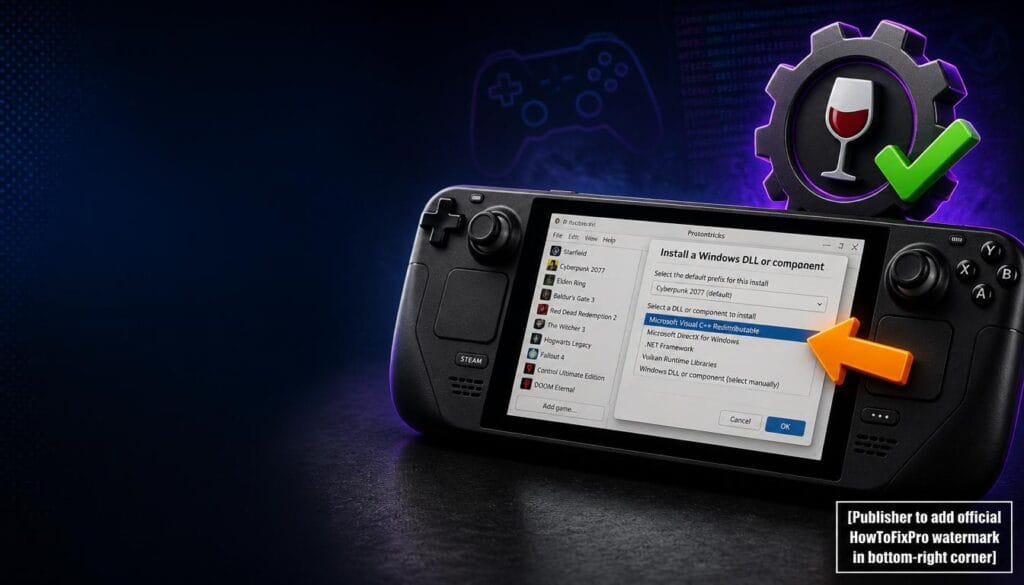 How to use Protontricks guide showing game selection and Windows DLL installation options.