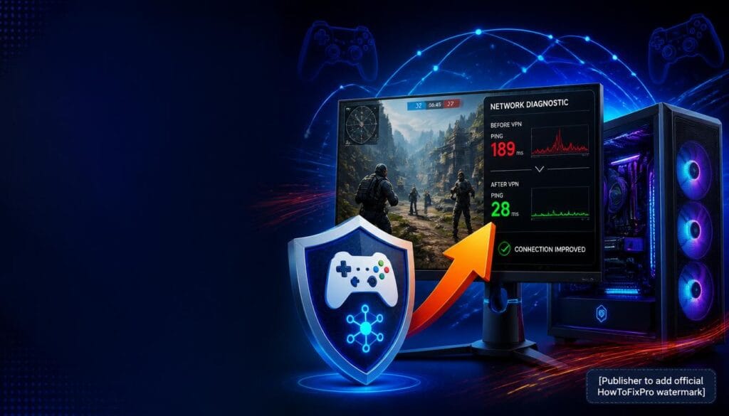 How to use VPN for gaming guide showing ping reduction and network security features.