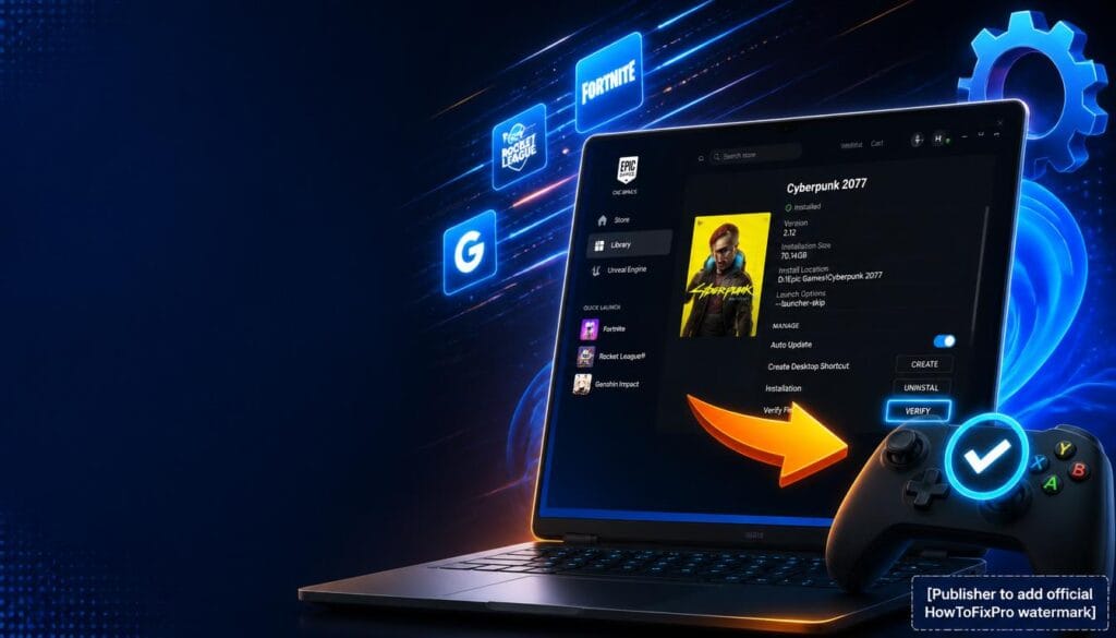 How to verify game files Epic Games guide showing Epic Games Launcher with Verify button highlighted.