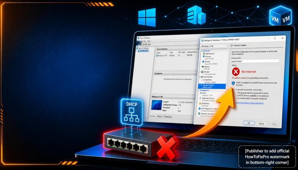 Hyper-V default switch no internet fix guide showing error and troubleshooting graphics.