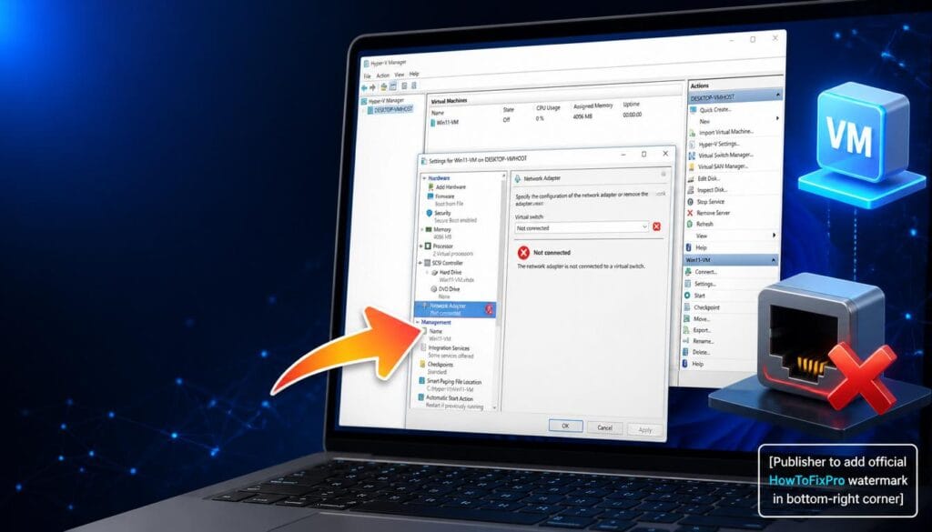 Hyper-V network adapter not working fix guide showing error and troubleshooting graphics.
