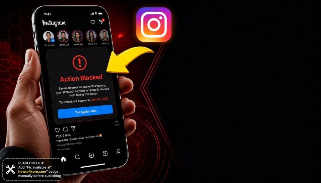 Instagram Action Blocked error displayed on a smartphone with a red error message.