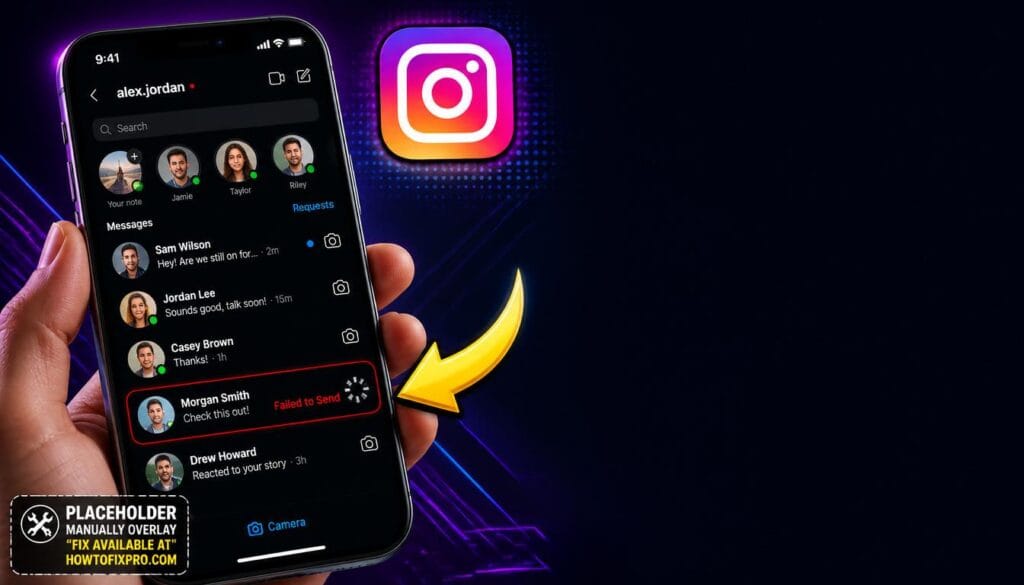 Instagram Direct Messages not sending error displayed on a smartphone with a red failed to send message.