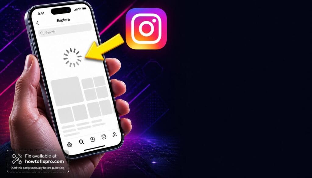 Instagram Explore page not loading with a loading spinner and gray placeholder boxes.