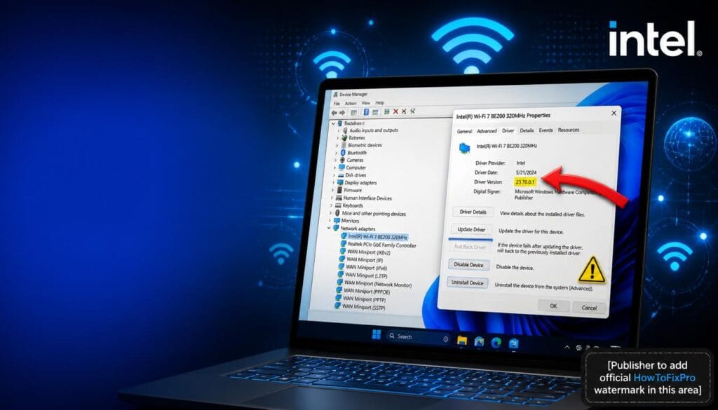 Intel Wi-Fi 7 BE200 Disconnect Issues displayed on Windows 11 Device Manager