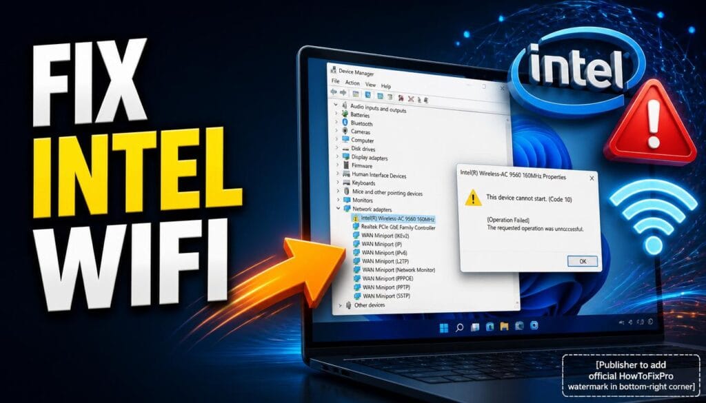 Intel wireless driver issues Windows 11 guide showing Device Manager with Code 10 error and troubleshooting graphics.