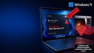 Internet Drops When Microwave Is On 2.4 GHz Interference displayed on Windows 11 with Wi-Fi warning