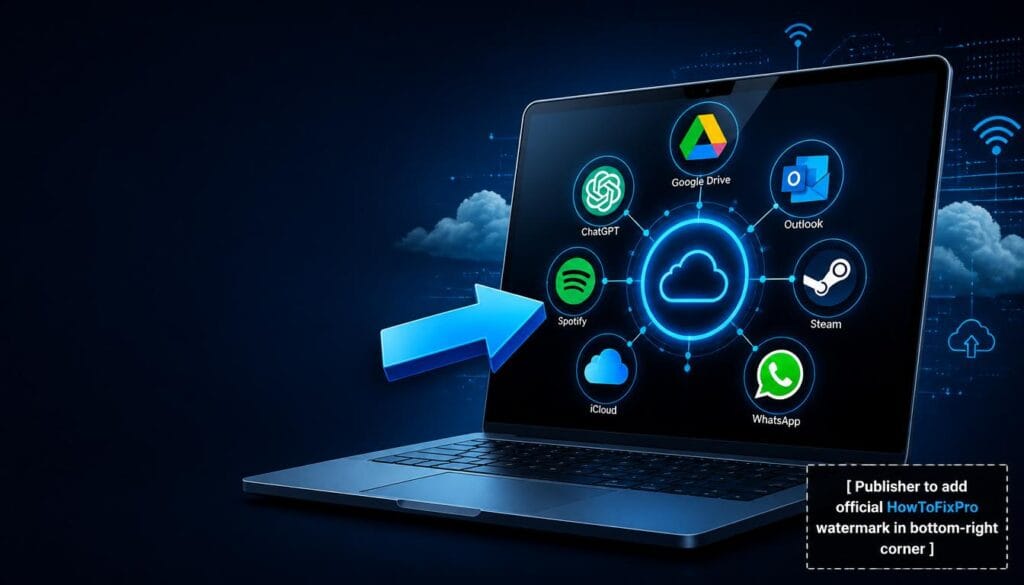 internet and online services troubleshooting hub displayed on laptop with Google Drive, ChatGPT, Outlook, Spotify, Steam, iCloud, and WhatsApp icons