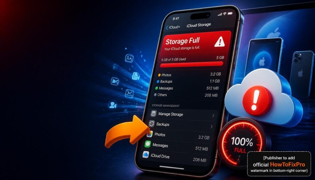 iPhone iCloud storage full fix guide showing storage full warning and management options.