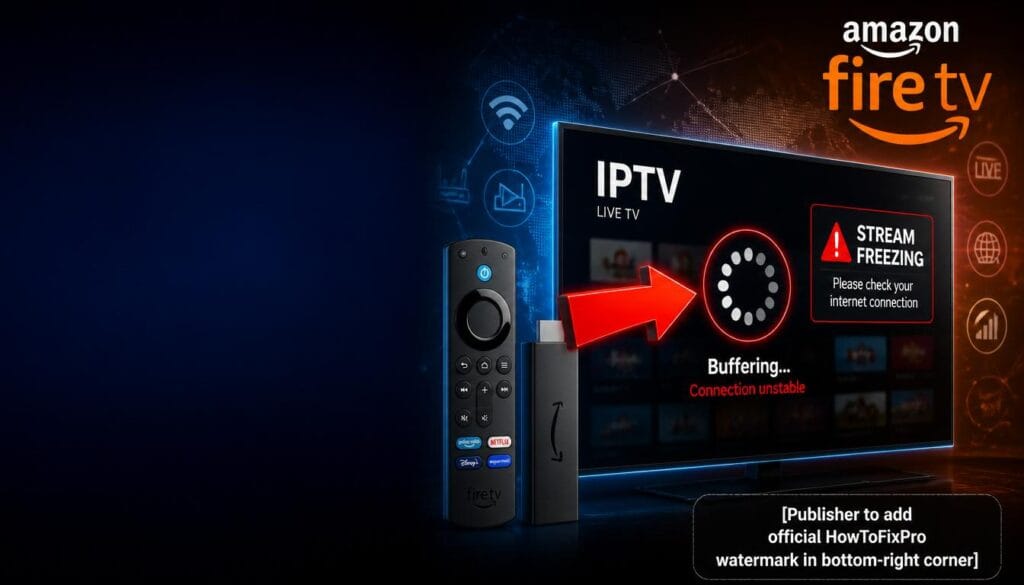 iptv app freezing and buffering on firestick displayed on TV screen with buffering spinner
