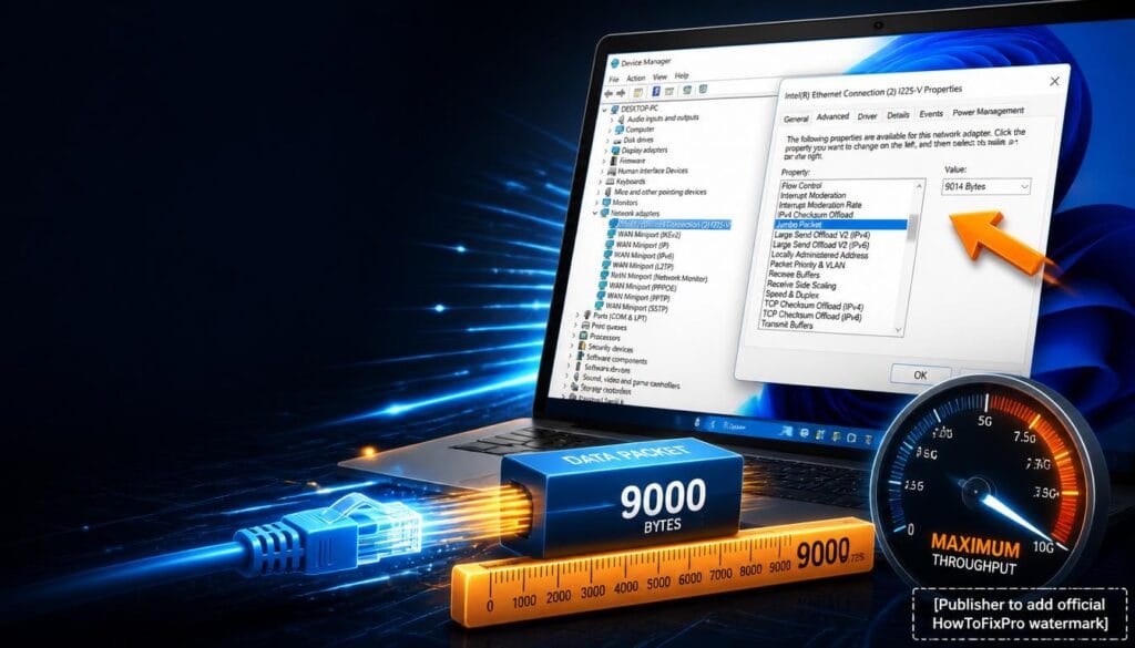 Jumbo frames Windows 11 guide showing network adapter properties with Jumbo Packet set to 9014 Bytes.