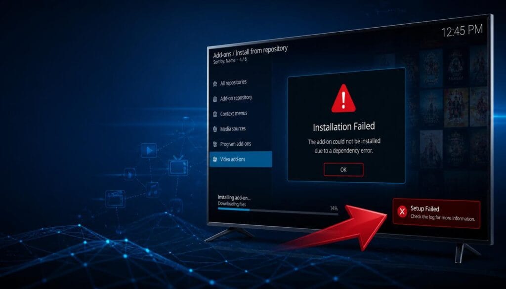 kodi add-on failed to install displayed on TV screen with error message