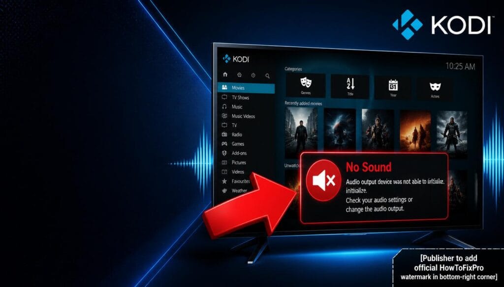 kodi no sound on android tv displayed on TV screen with error message