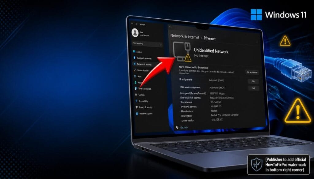 LAN Connection Shows Unidentified Network DHCP Error displayed on Windows 11 with warning triangle