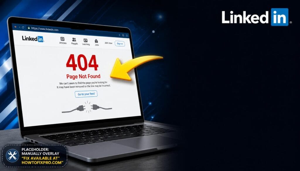 LinkedIn profile not loading 404 error displayed on a laptop screen with a red error message.