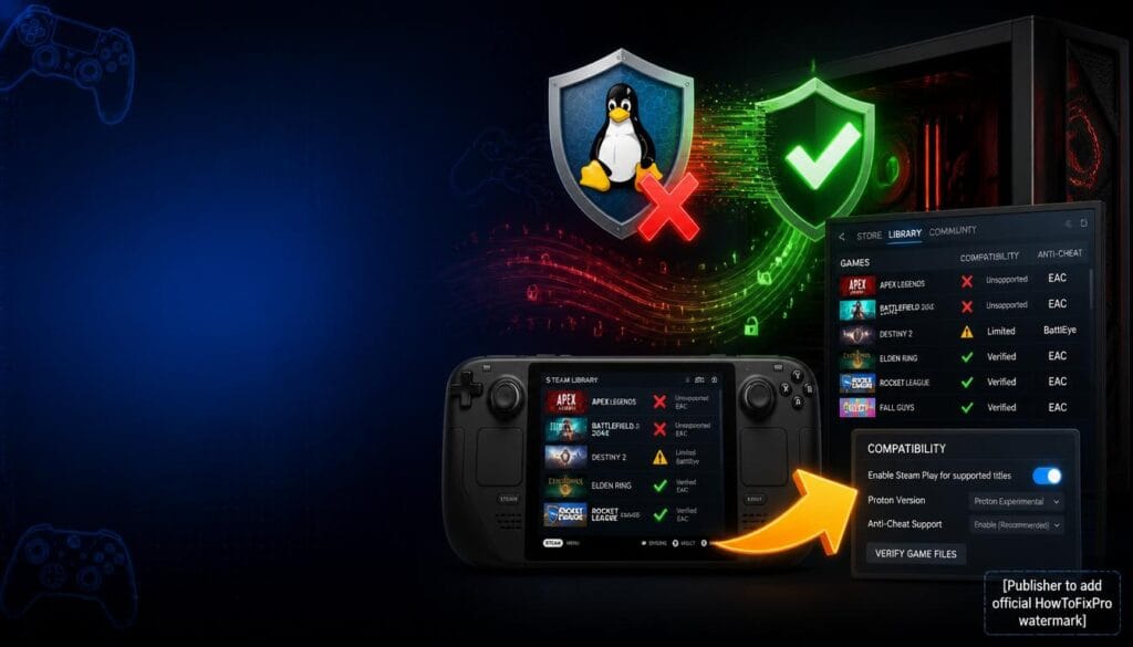 Linux anti-cheat compatibility guide showing game compatibility and troubleshooting graphics.