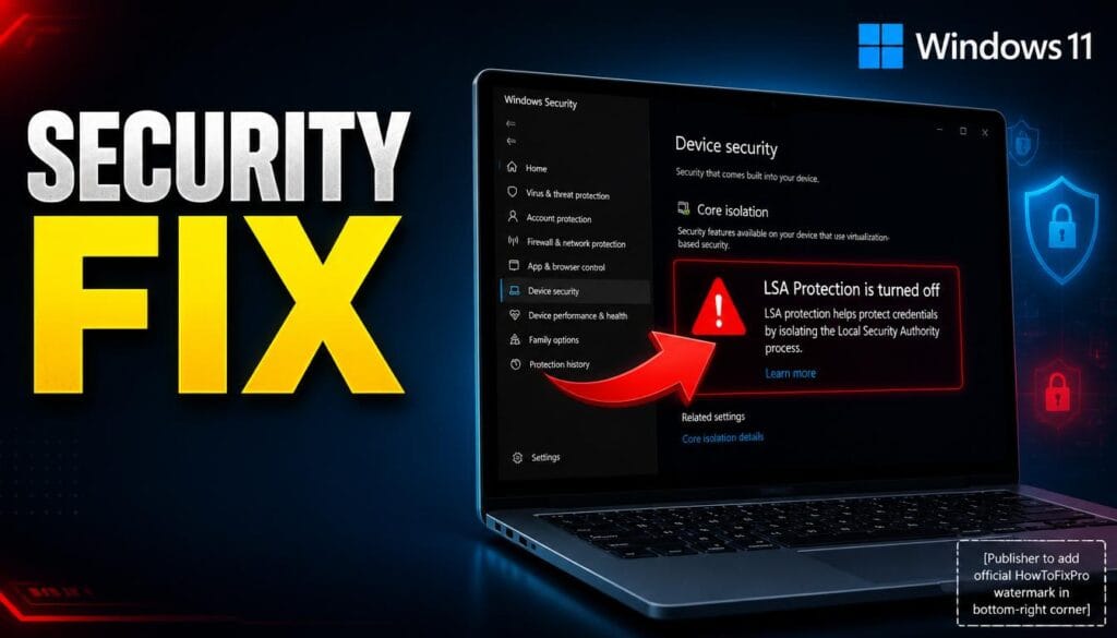 Local Security Authority (LSA) Protection Is Turned Off warning displayed in Windows Security app on Windows 11