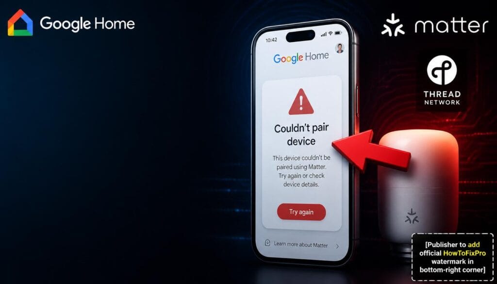 matter protocol device not pairing with google home displayed on smartphone with error message