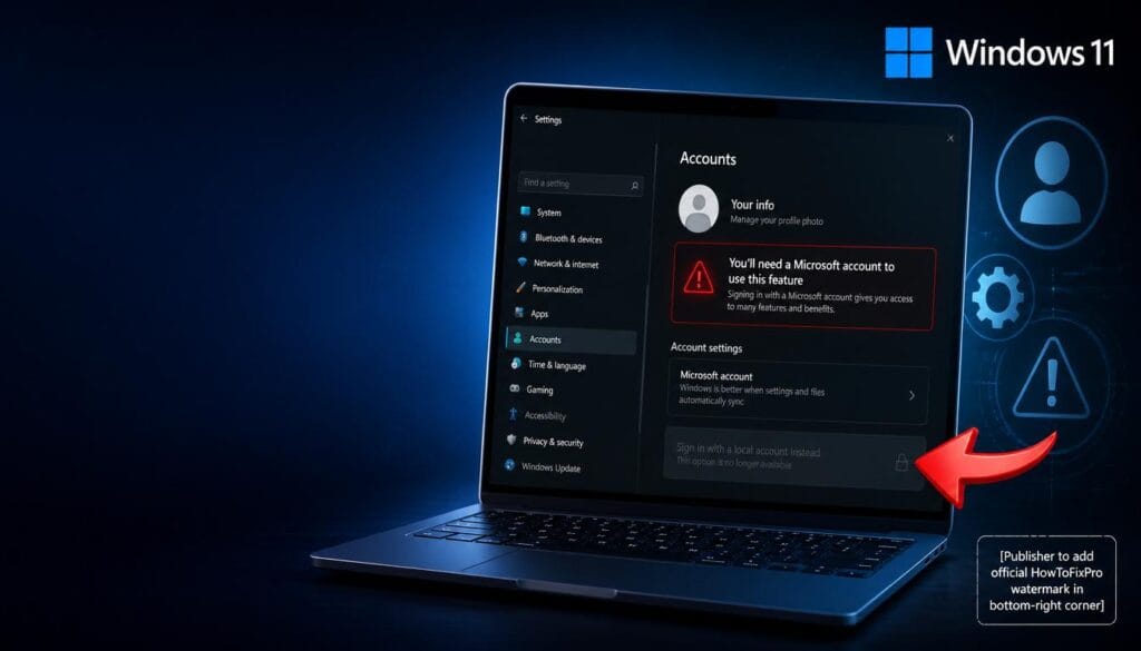 microsoft account to local account switch broken displayed on laptop screen with error message