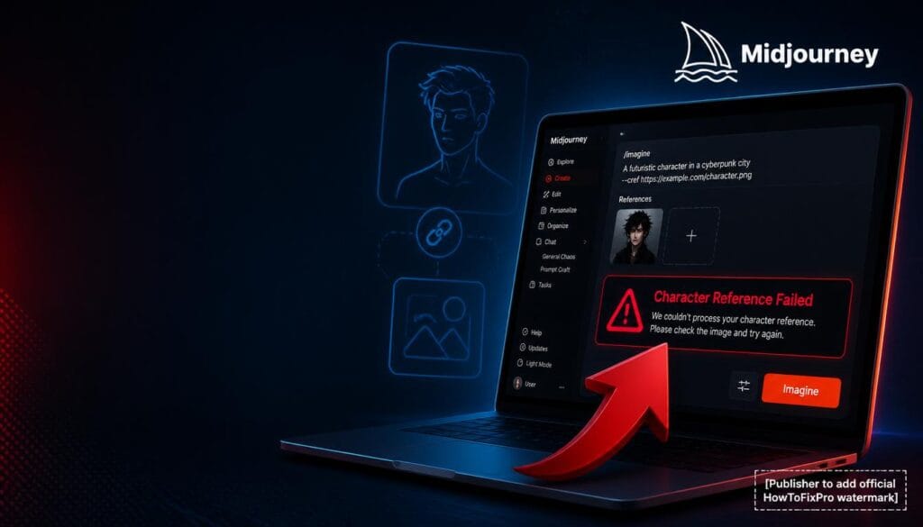 midjourney --cref character reference not working displayed on laptop with error message