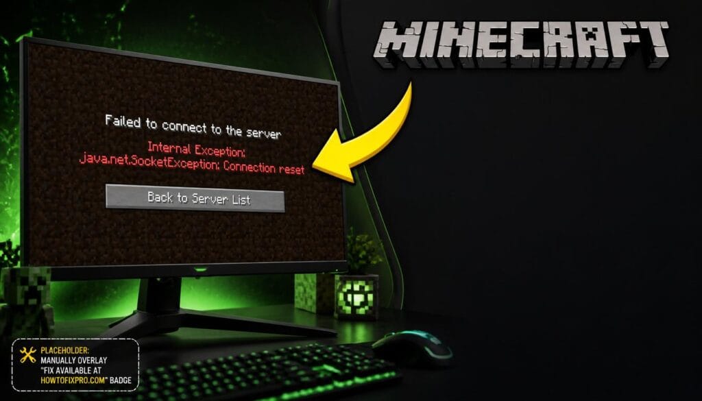 Minecraft Internal Exception java.net.SocketException error displayed on a gaming monitor with a red warning message.