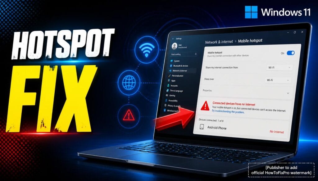 Mobile Hotspot Not Giving Internet to Connected Devices displayed on Windows 11 with warning icon