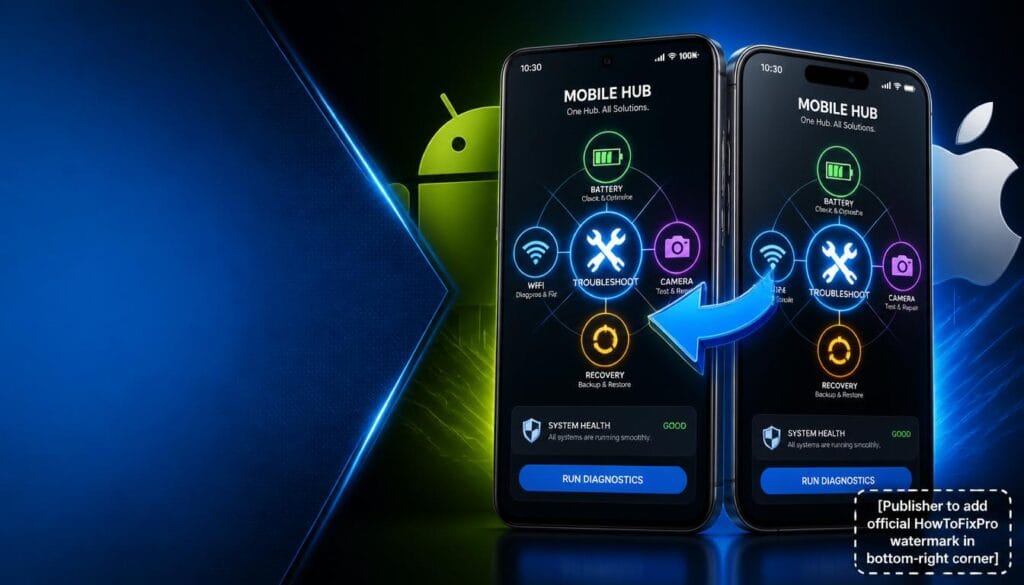 mobile troubleshooting hub displayed on Android and iPhone with battery, WiFi, camera, and recovery icons