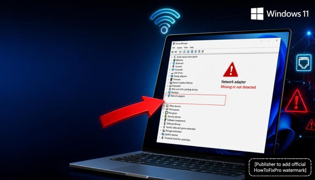 Network Adapter Disappeared from Device Manager displayed on Windows 11 with missing network adapters