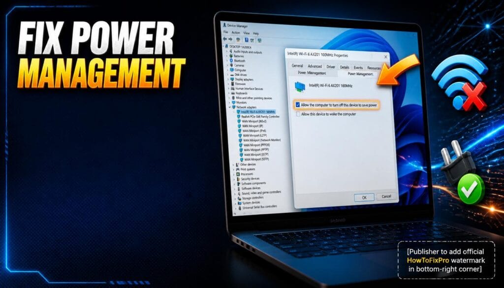 Network adapter power management fix guide showing Device Manager Power Management tab settings.
