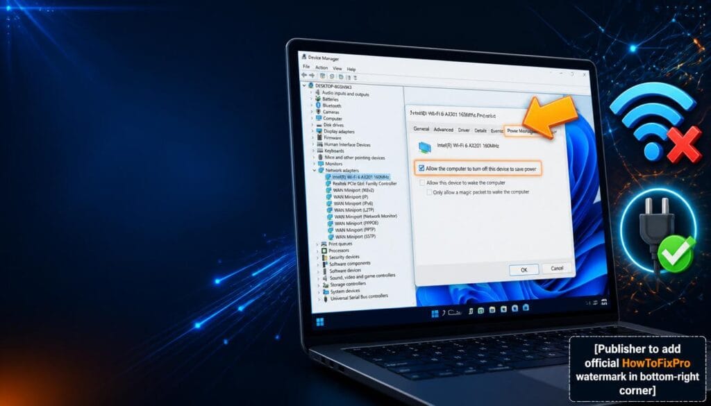 Network adapter power management Windows 11 guide showing Device Manager Power Management tab settings.