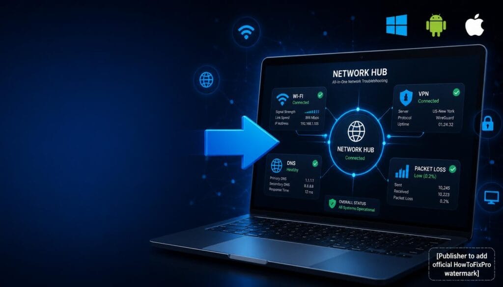 network troubleshooting hub displayed on laptop with Wi-Fi, VPN, DNS, and packet loss icons