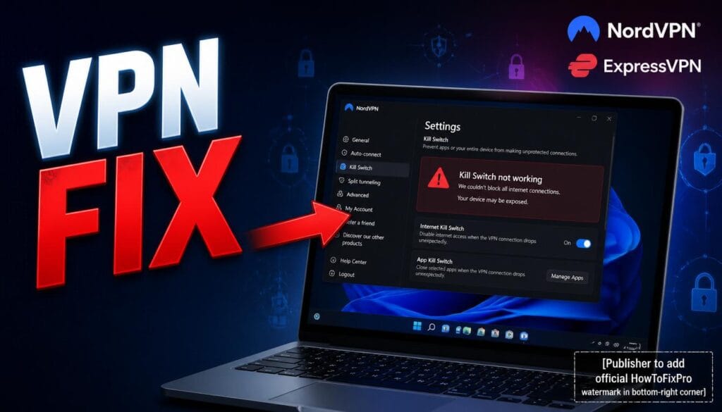 NordVPN / ExpressVPN Kill Switch Not Working error displayed in VPN settings on Windows 11