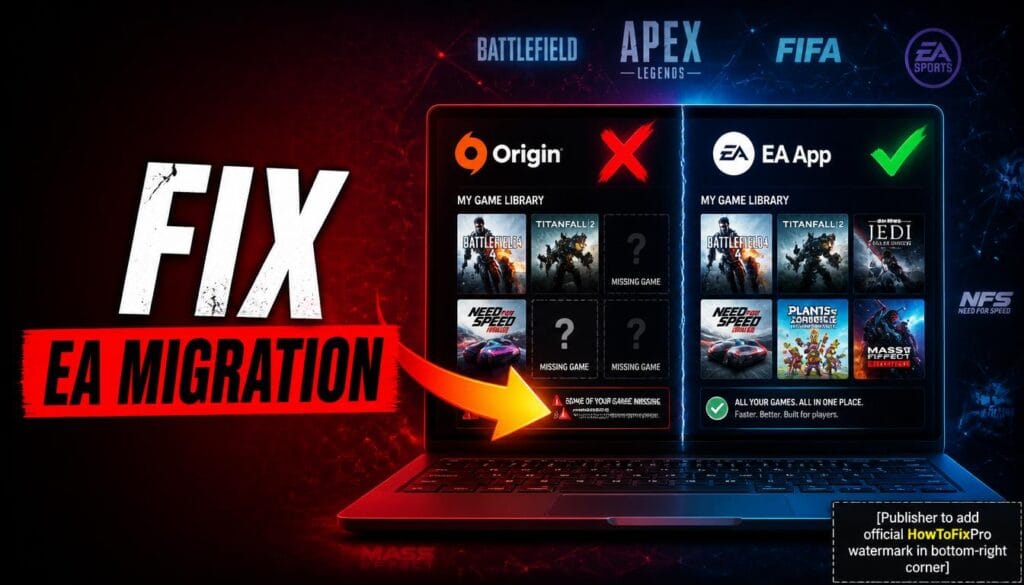 Origin to EA App migration issues fix guide showing game library missing errors and troubleshooting graphics.