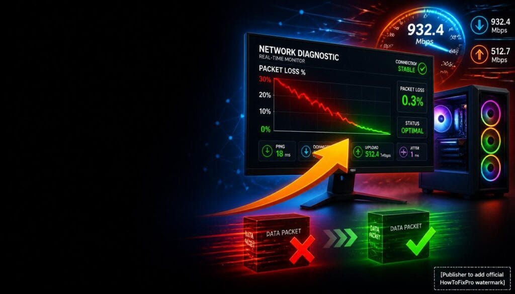 Packet loss optimization guide showing network diagnostic graph with packet loss dropping from red to green.