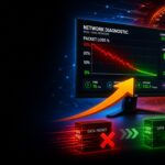 Packet loss optimization guide showing network diagnostic graph with packet loss dropping from red to green.