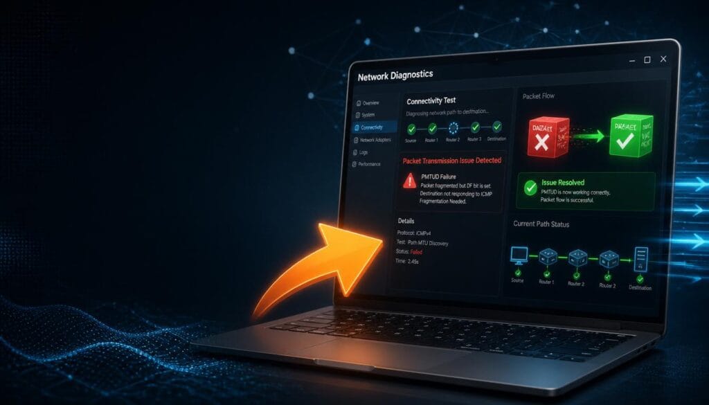 Path MTU Discovery Windows fix guide showing ping test with packet fragmentation error and network troubleshooting graphics.