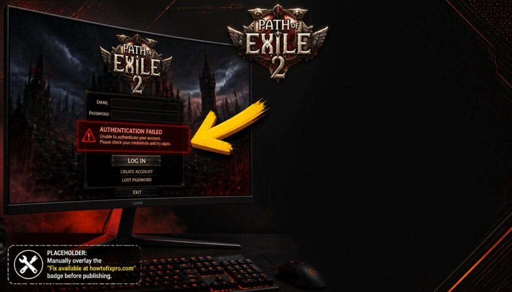 Path of Exile 2 Login Error Authentication Failed displayed on a gaming monitor with a red error message.