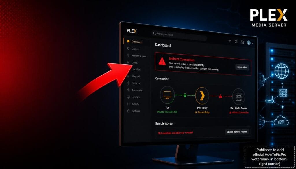 plex media server indirect connection displayed on computer screen with warning