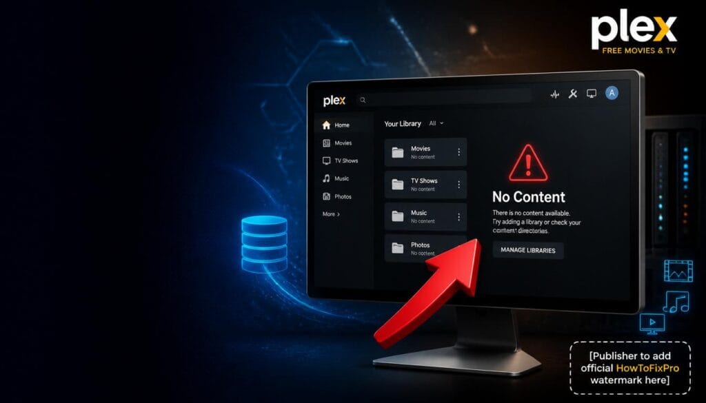 plex no content error displayed on computer screen with warning
