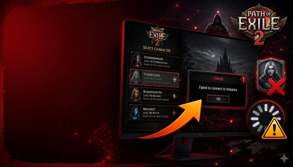 PoE2 character stuck fix guide showing Failed to connect to instance error and troubleshooting graphics.