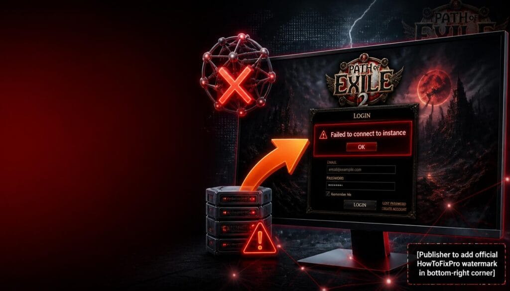 PoE2 connection fix guide showing Failed to connect to instance error and troubleshooting graphics.