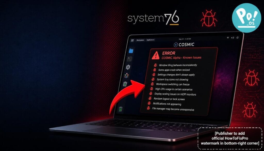 pop os 24.04 cosmic desktop alpha issues displayed on laptop screen with error messages
