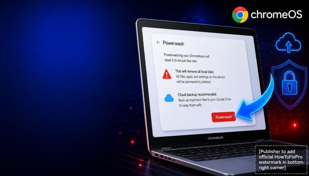 powerwash chromebook factory reset backup guide displayed on laptop with settings menu