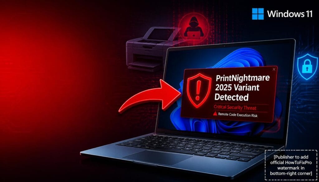 printnightmare 2025 variant vulnerability displayed on laptop screen with security alert