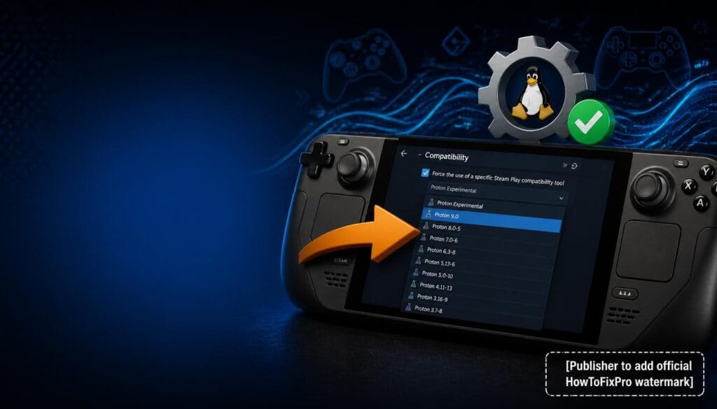 Proton version guide showing Steam compatibility menu with Proton versions dropdown.